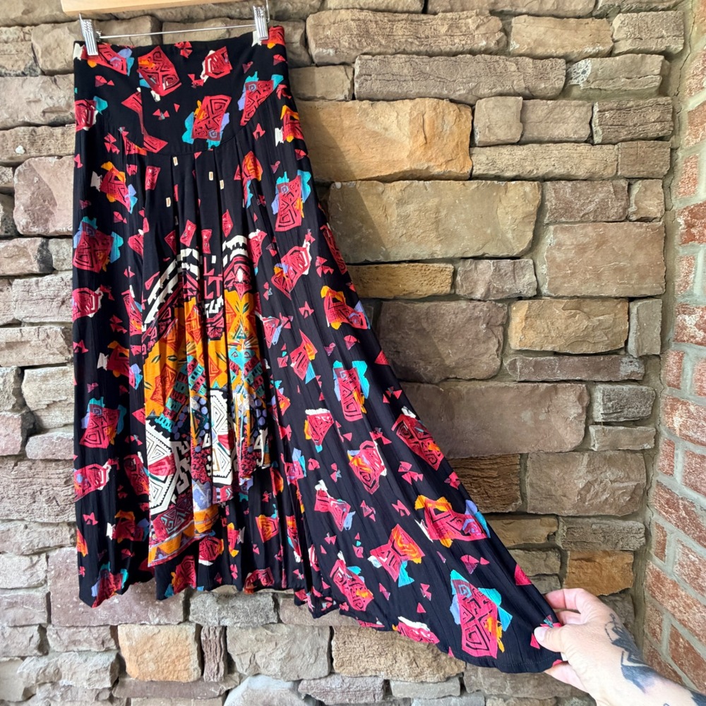 VTG Componix Women 8 Maxi Skirt Geometric Tribal High Yoke Waist Boho Artsy